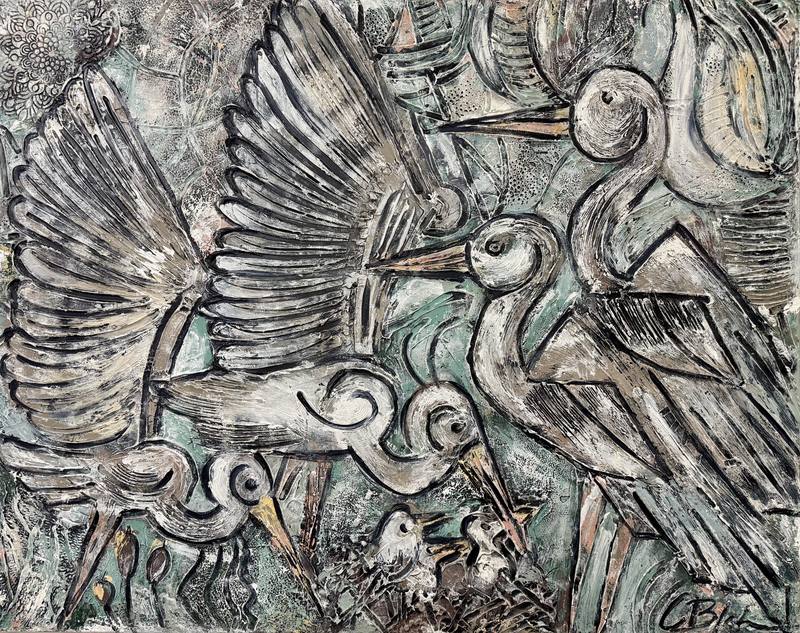 A composition featuring intricately depicted birds in flight amidst a textured, colorful background.